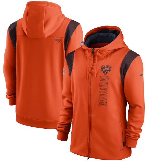 Men's Chicago Bears 2021 Orange Sideline Team Performance Full-Zip Hoodie Men's Chicago Bears 2021 Orange Sideline Team Performance Full-Zip Hoodie